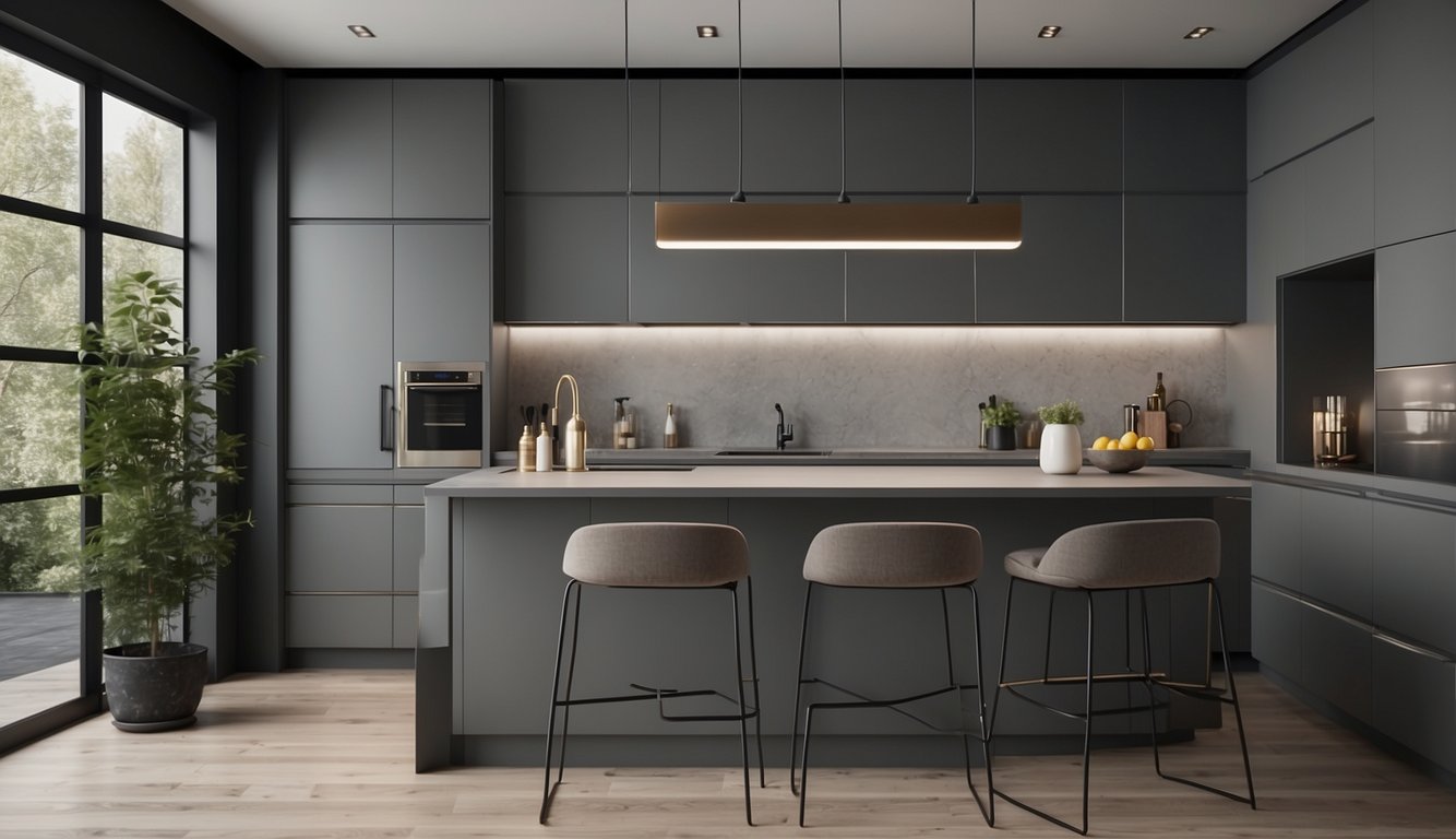 A kitchen with ash gray cabinets in a modern, well-lit setting. Cabinets are sleek and minimalist, with a soft sheen