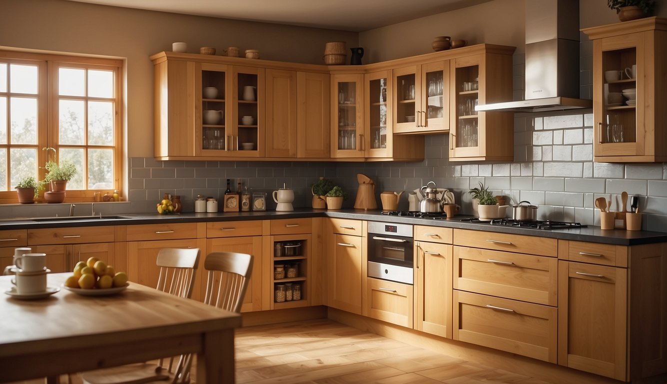 A kitchen with warm honey-colored cabinets, bathed in natural light, creating a cozy and inviting atmosphere