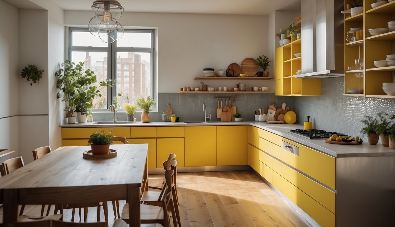 A bright kitchen with sunny yellow cabinets, casting a warm glow on the white countertops and stainless steel appliances