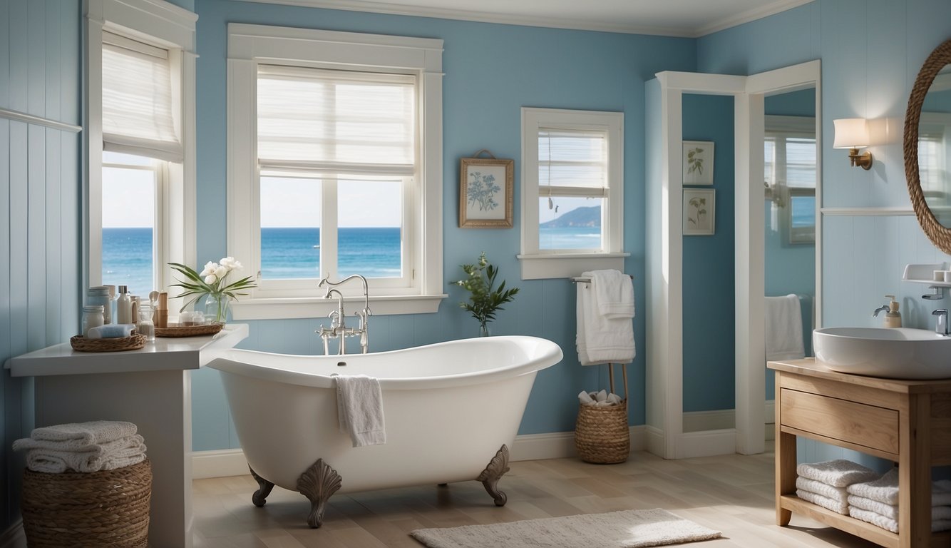 A small bathroom with ocean-themed decor, featuring light blue walls, white accents, and sandy-colored flooring. The room is filled with natural light, creating a peaceful and airy atmosphere