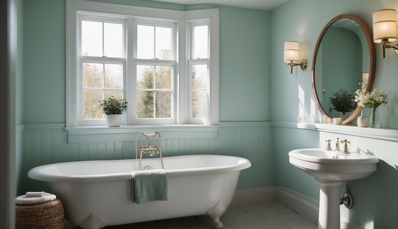 A small bathroom with soft mint walls, white fixtures, and natural light streaming in through a frosted window