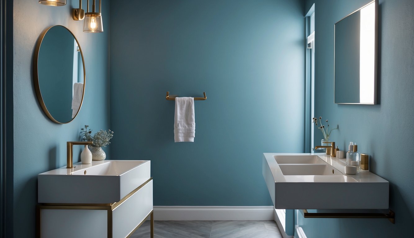 A small bathroom with powder blue walls, white sink, and mirror. Bright lighting and minimal decor create a clean, airy space