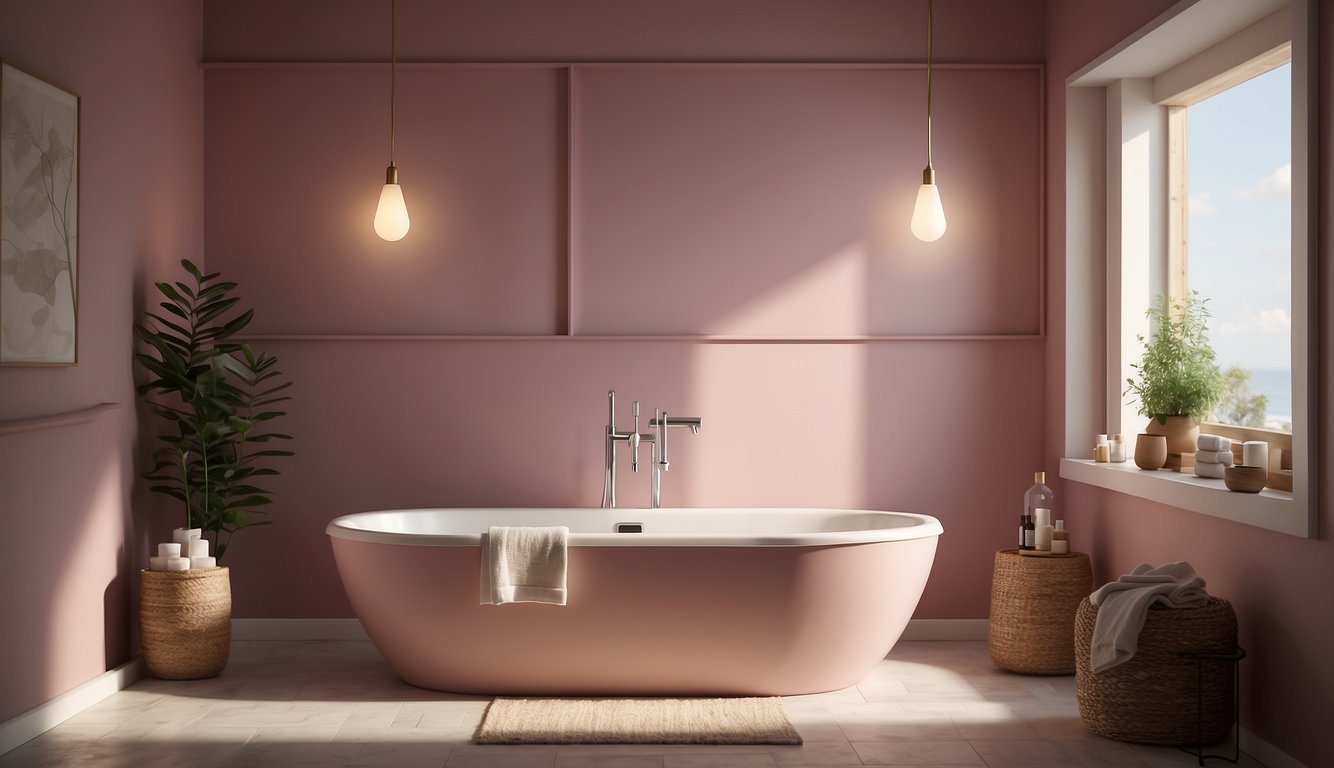 A small bathroom with dusky pink walls, natural light streaming in, and white fixtures creating a cozy and inviting atmosphere