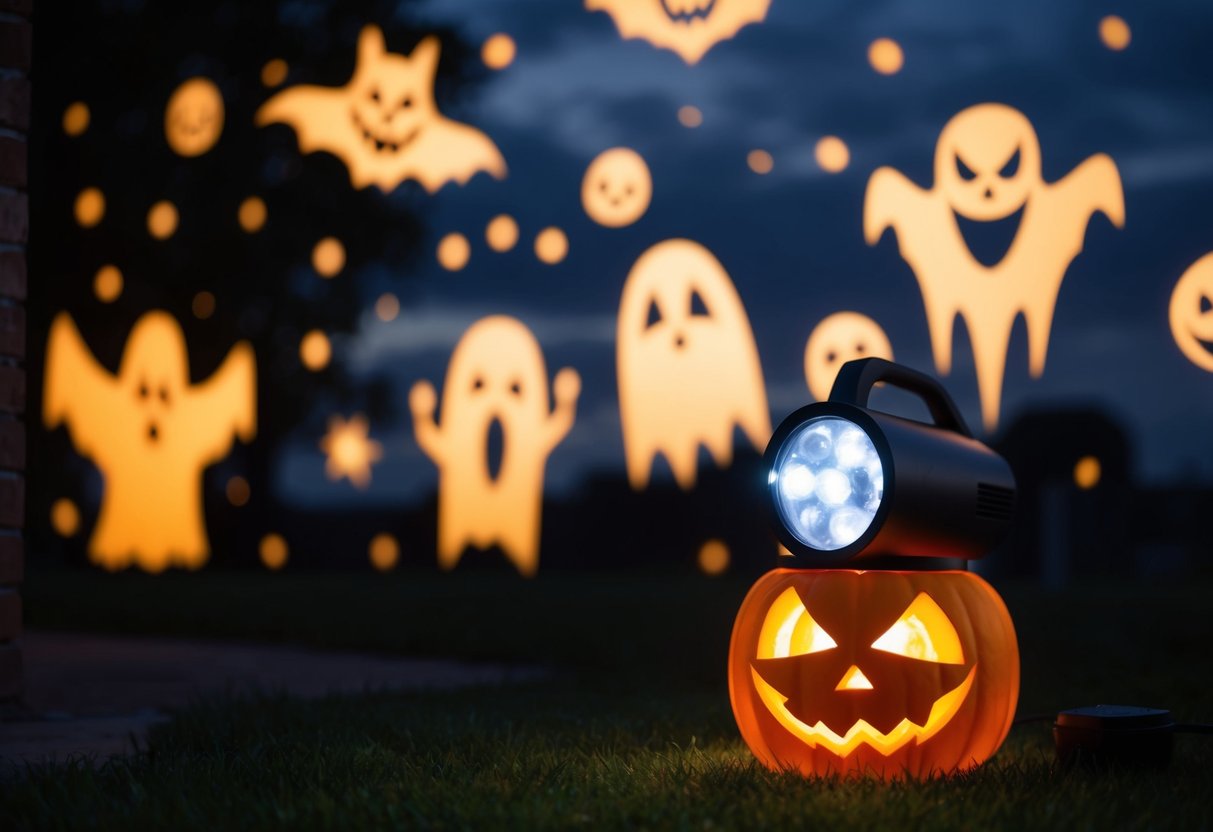 A spooky Jack-O'-Lantern projector illuminates a dark outdoor space with eerie Halloween designs, casting ghostly shapes and creepy creatures onto the surroundings