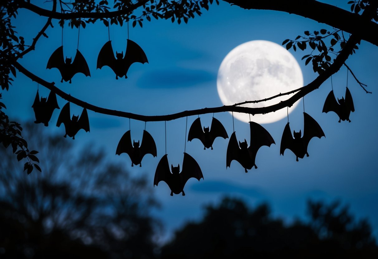 A group of 20 bats hanging from tree branches, with moonlight illuminating their eerie silhouettes against the night sky