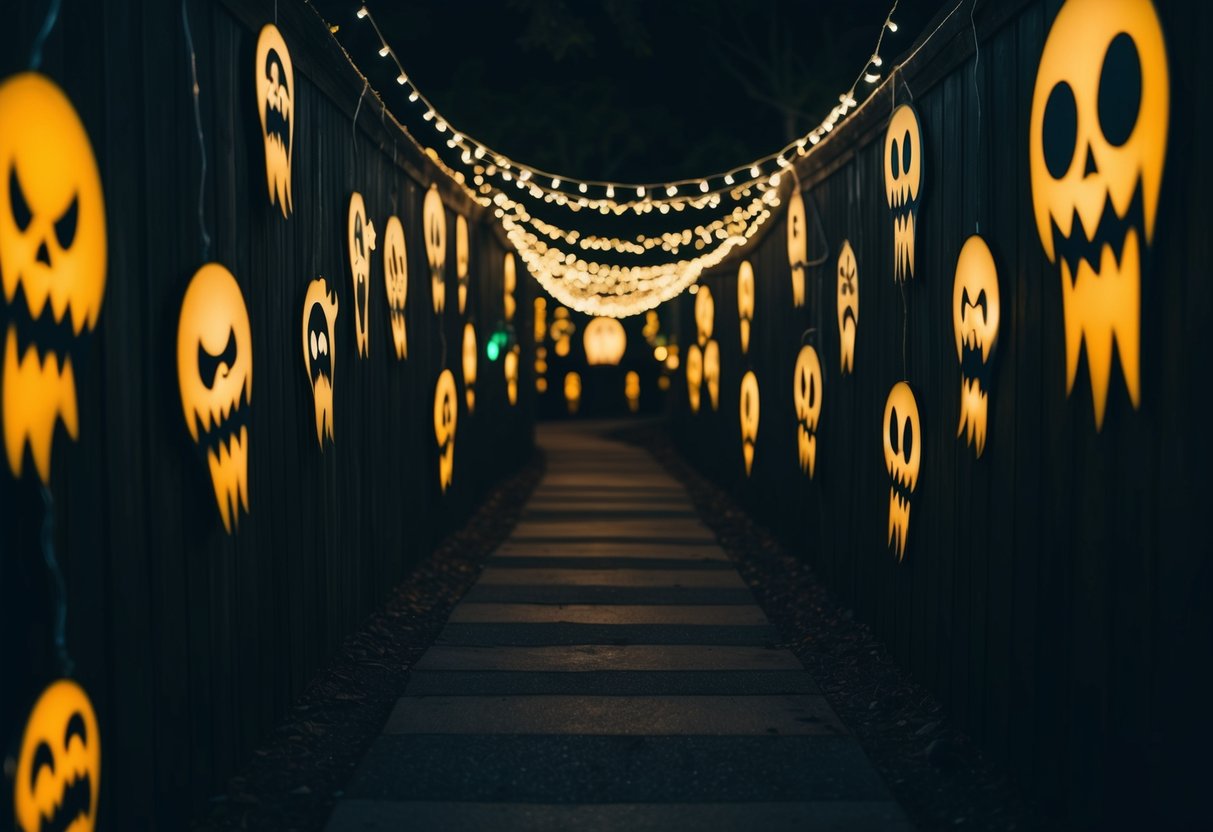 A dark, winding pathway lined with eerie, glowing monster-themed lights. The decorations cast spooky shadows, creating a chilling atmosphere for Halloween