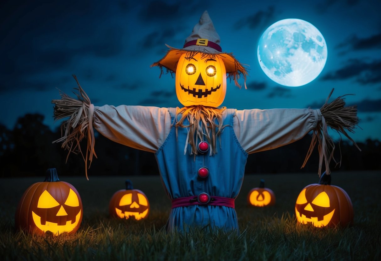 A scarecrow stands in a field, its eyes glowing with LED lights. The moon casts an eerie glow on the spooky Halloween decorations around it