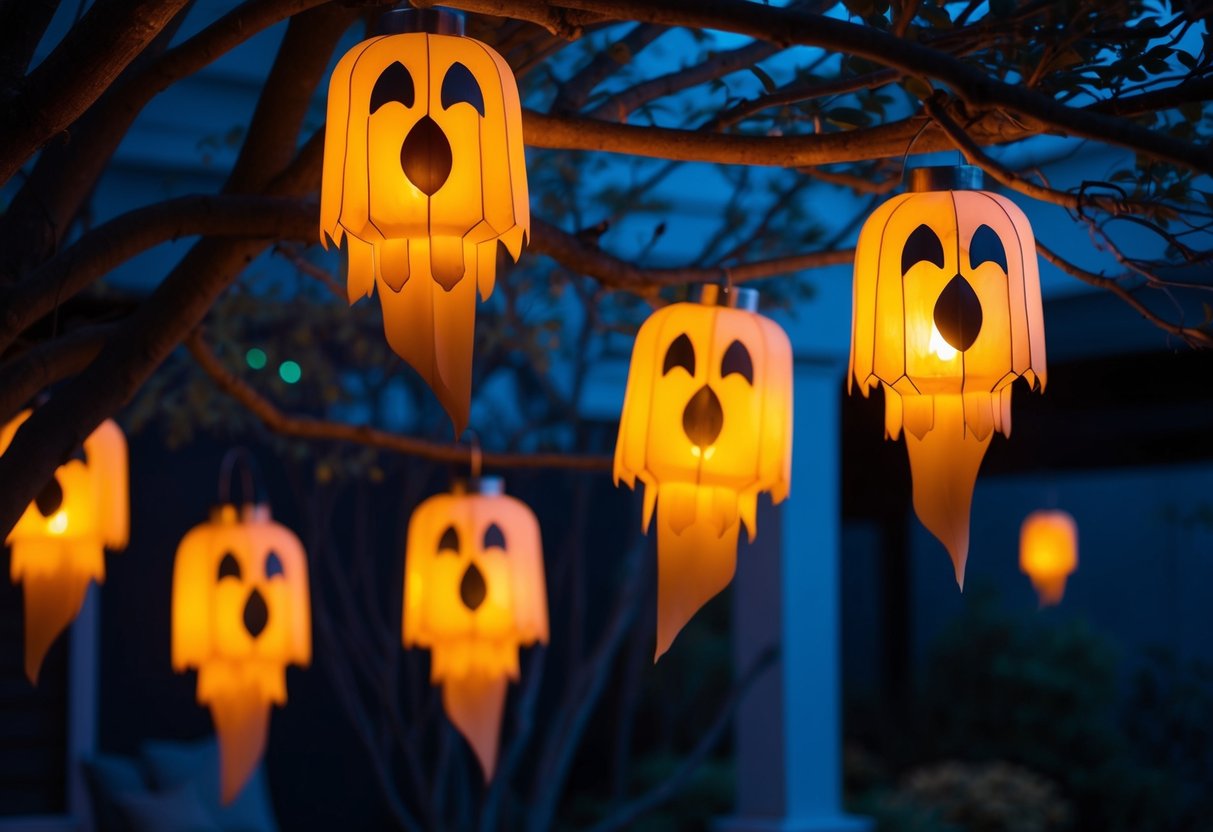 Glowing ghost lanterns hang from tree branches, casting an eerie light on the outdoor space. Shadows dance and flicker as the decorations create a spooky atmosphere