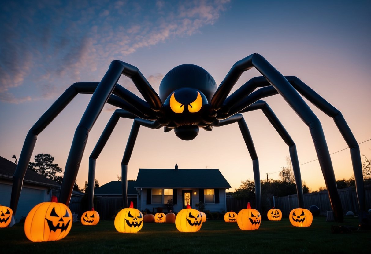 A giant inflatable spider looms over a yard filled with spooky Halloween decorations. The spider's legs stretch out menacingly, casting eerie shadows in the dim light