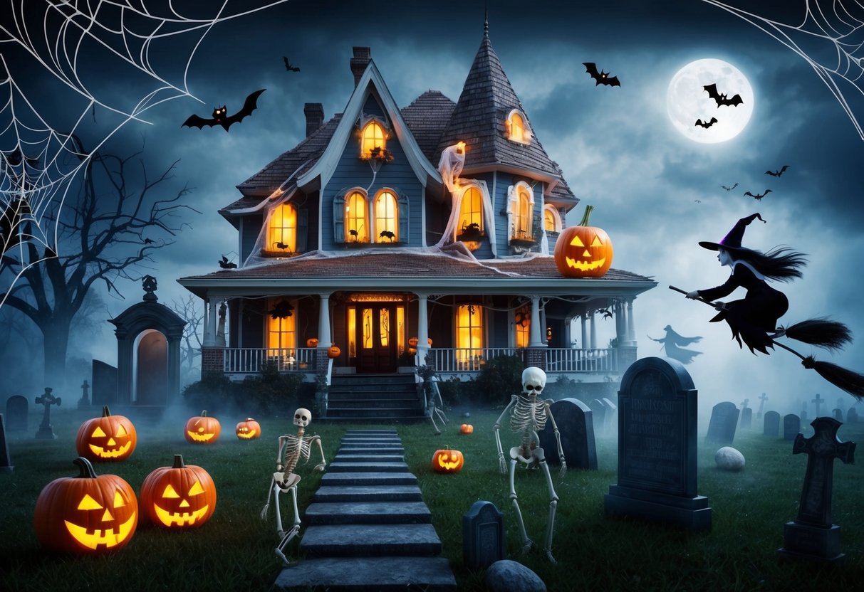 A haunted house with glowing jack-o-lanterns, cobwebs, and bats. A spooky graveyard with tombstones, skeletons, and eerie fog. Ghostly figures and witches flying on broomsticks