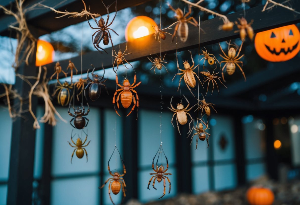 A swarm of creepy crawly insects, including spiders, centipedes, and beetles, crawl and hang from eerie Halloween decorations in an outdoor space