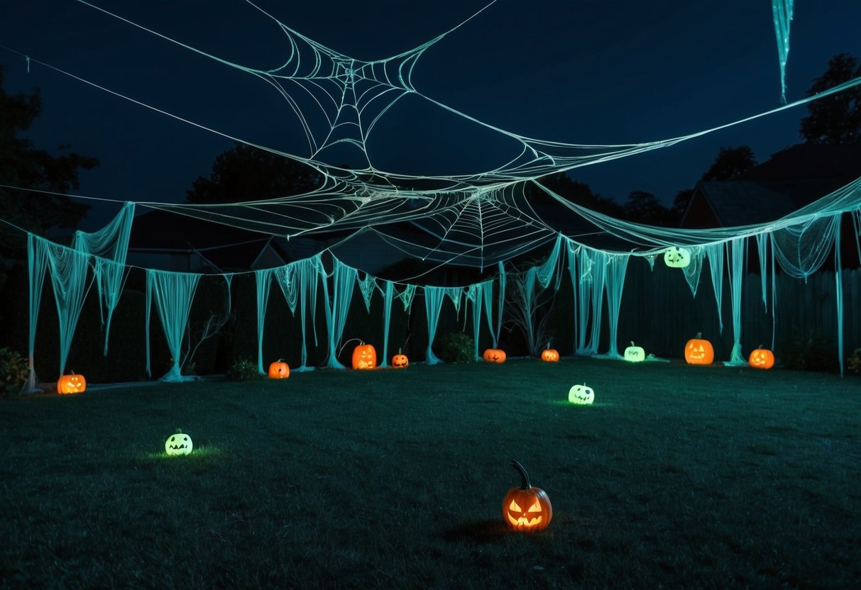 Dark night, eerie glow-in-the-dark cobwebs cover outdoor Halloween decorations. Spooky atmosphere with 20 unique, creepy elements