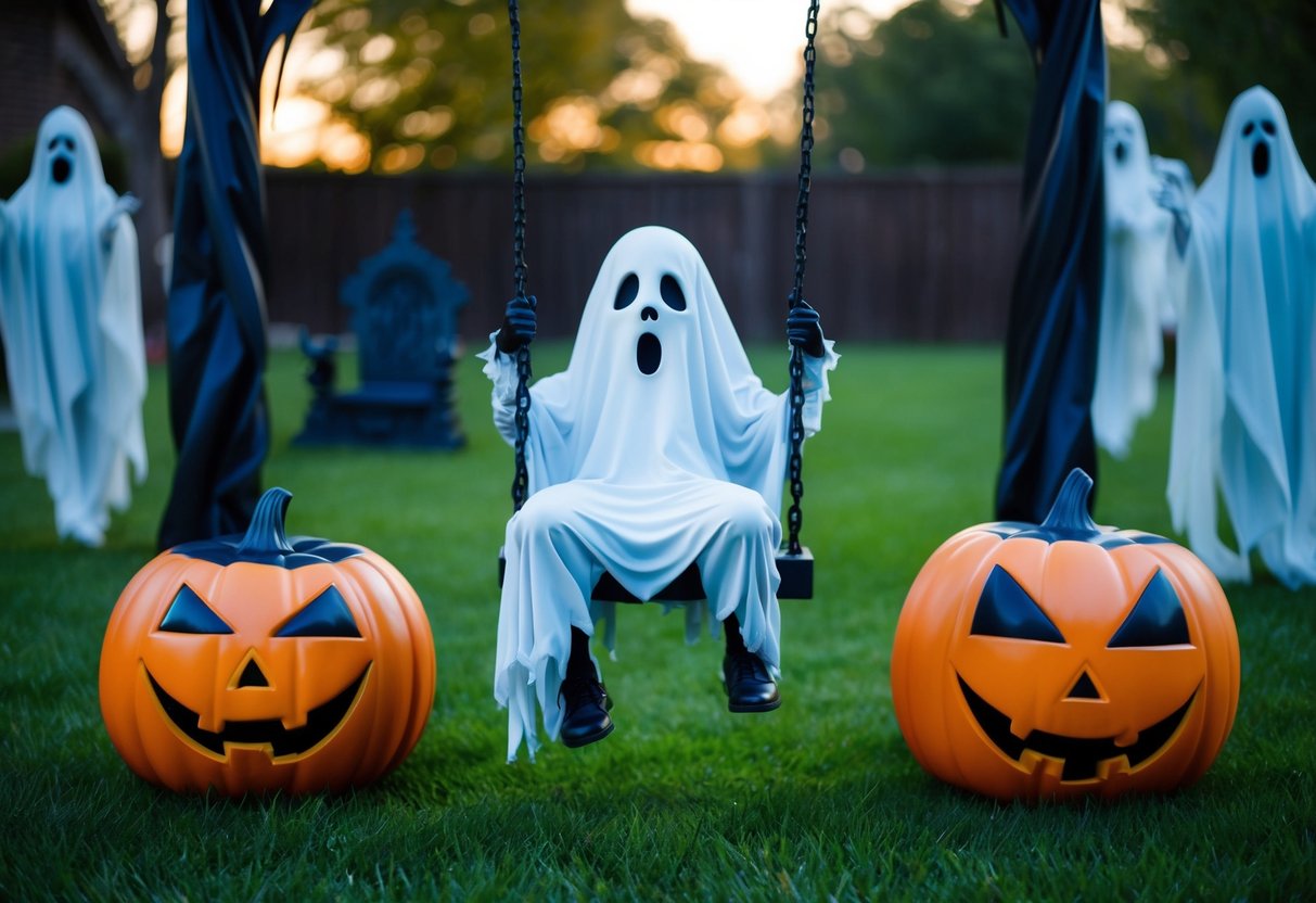 A ghostly figure swings on a chair, surrounded by eerie Halloween decorations in an outdoor space