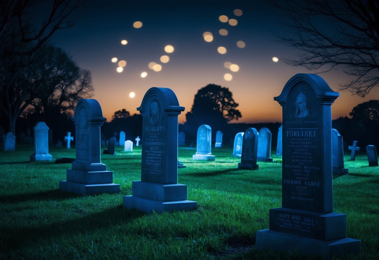 A dark, eerie graveyard at night, with tombstones illuminated by glowing lights. The scene is spooky and atmospheric, perfect for Halloween decorations