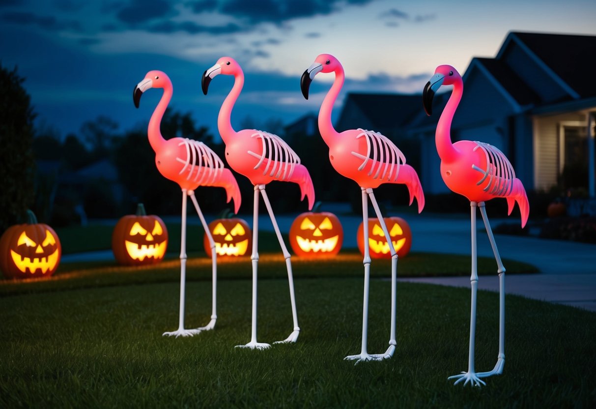 Skeleton flamingos stand in a row on a front lawn, surrounded by other Halloween decorations. The sky is dark, and the glow of nearby jack-o'-lanterns adds an eerie ambiance