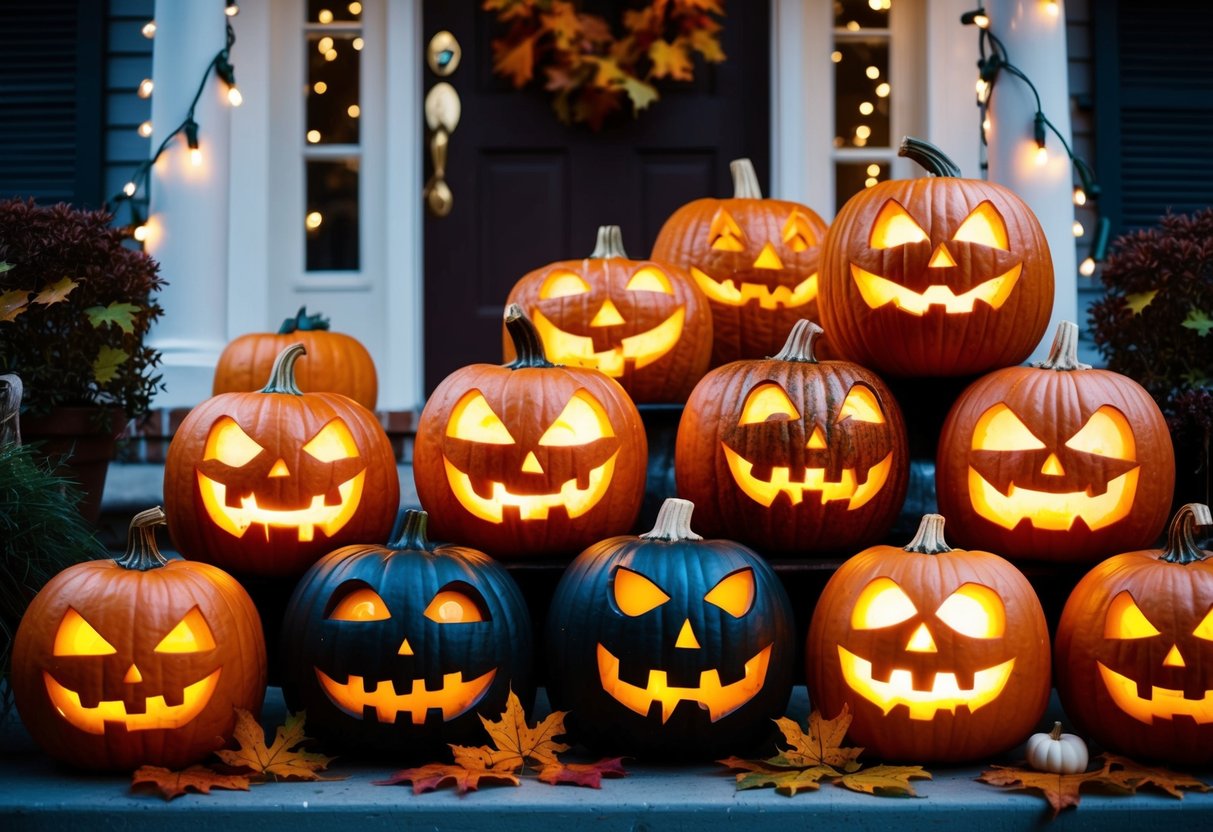 A cluster of pumpkins, each one uniquely carved with spooky faces, illuminated from within by flickering candles, arranged on a front porch surrounded by autumn leaves and twinkling string lights