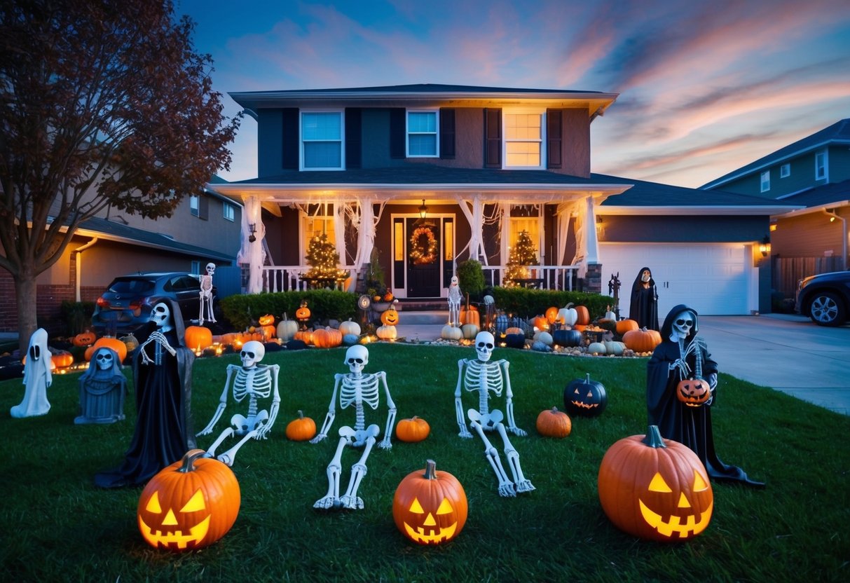 A front yard filled with spooky Halloween decorations, including lawn ghouls, pumpkins, skeletons, and eerie lighting