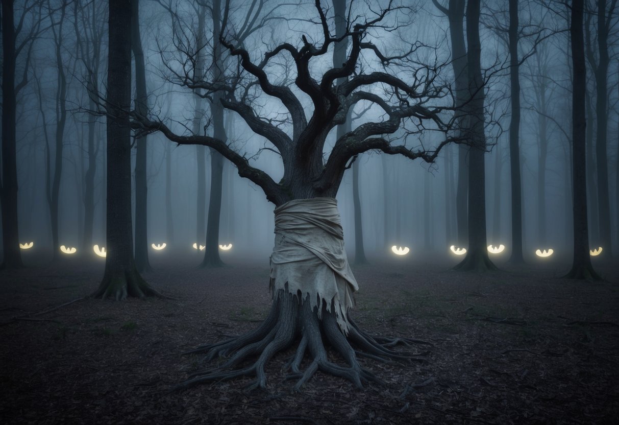 A gnarled, leafless tree stands in a dark, misty forest. It is wrapped in tattered, ghostly fabric, with eerie glowing eyes peering out from the shadows