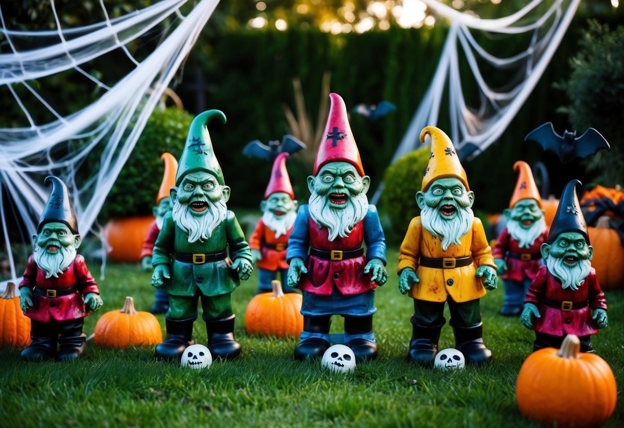 A garden filled with zombie garden gnomes, surrounded by spooky Halloween decorations, such as cobwebs, bats, and pumpkins