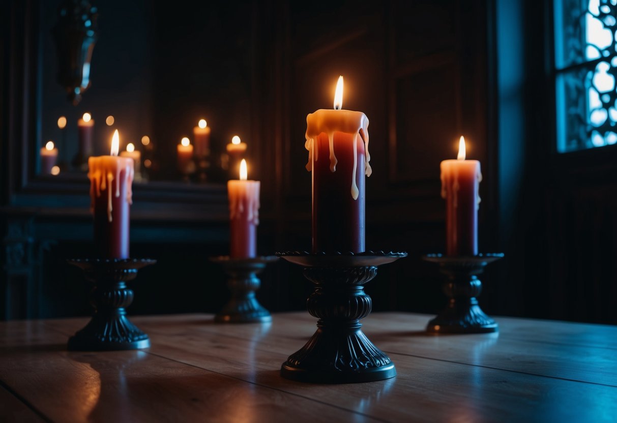 A dimly lit room with eerie Gothic candle holders casting haunting shadows