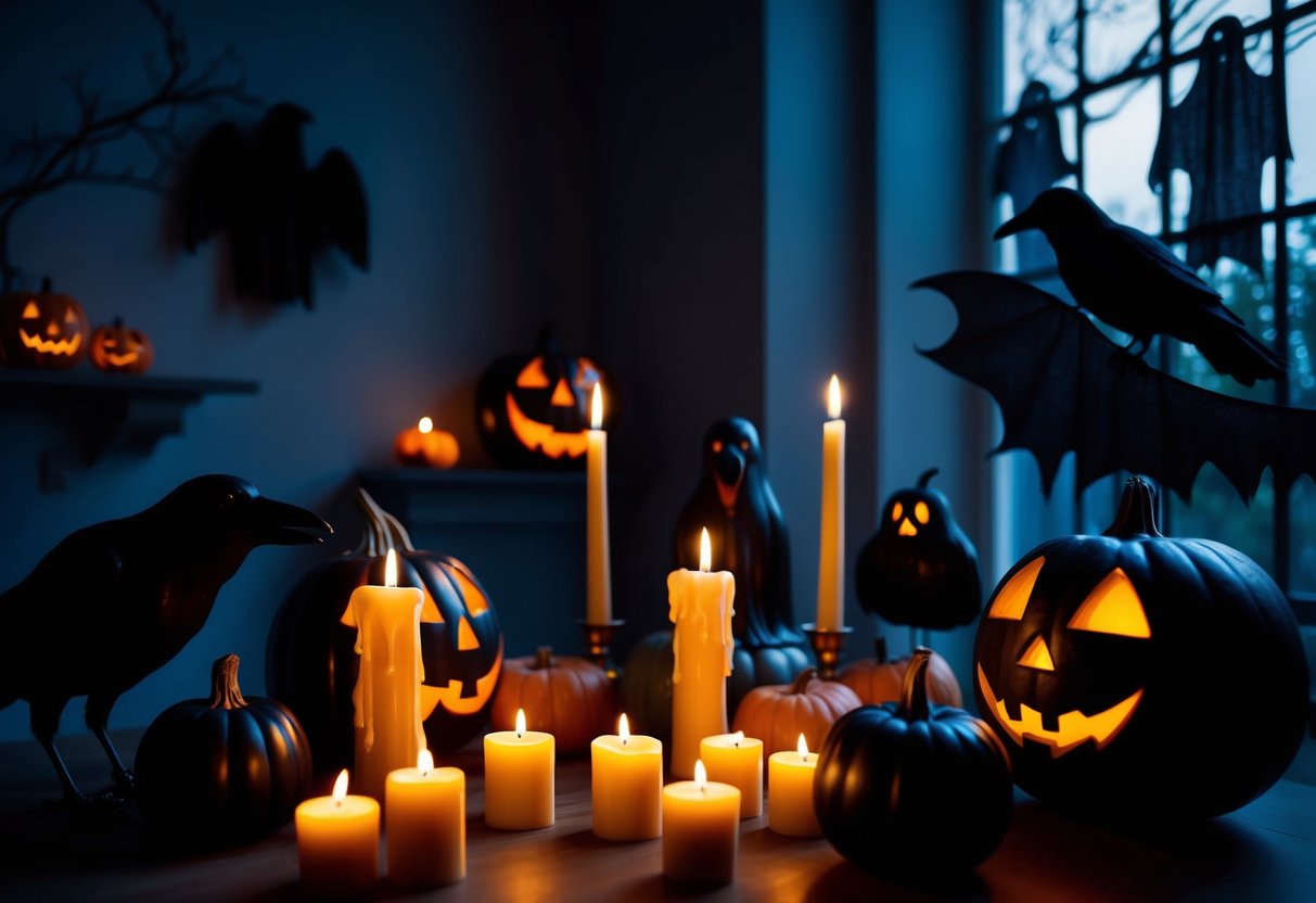 A dimly lit room with flickering candles and eerie shadows cast by spooky decor such as black crows, ghostly silhouettes, and macabre pumpkins