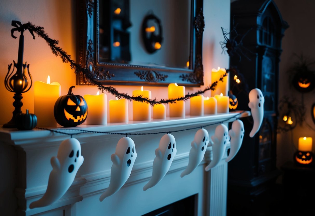 A spooky ghost garland hangs from a mantelpiece, swaying gently in the eerie glow of candlelight. Other haunting Halloween decorations adorn the room, creating a stylishly eerie atmosphere