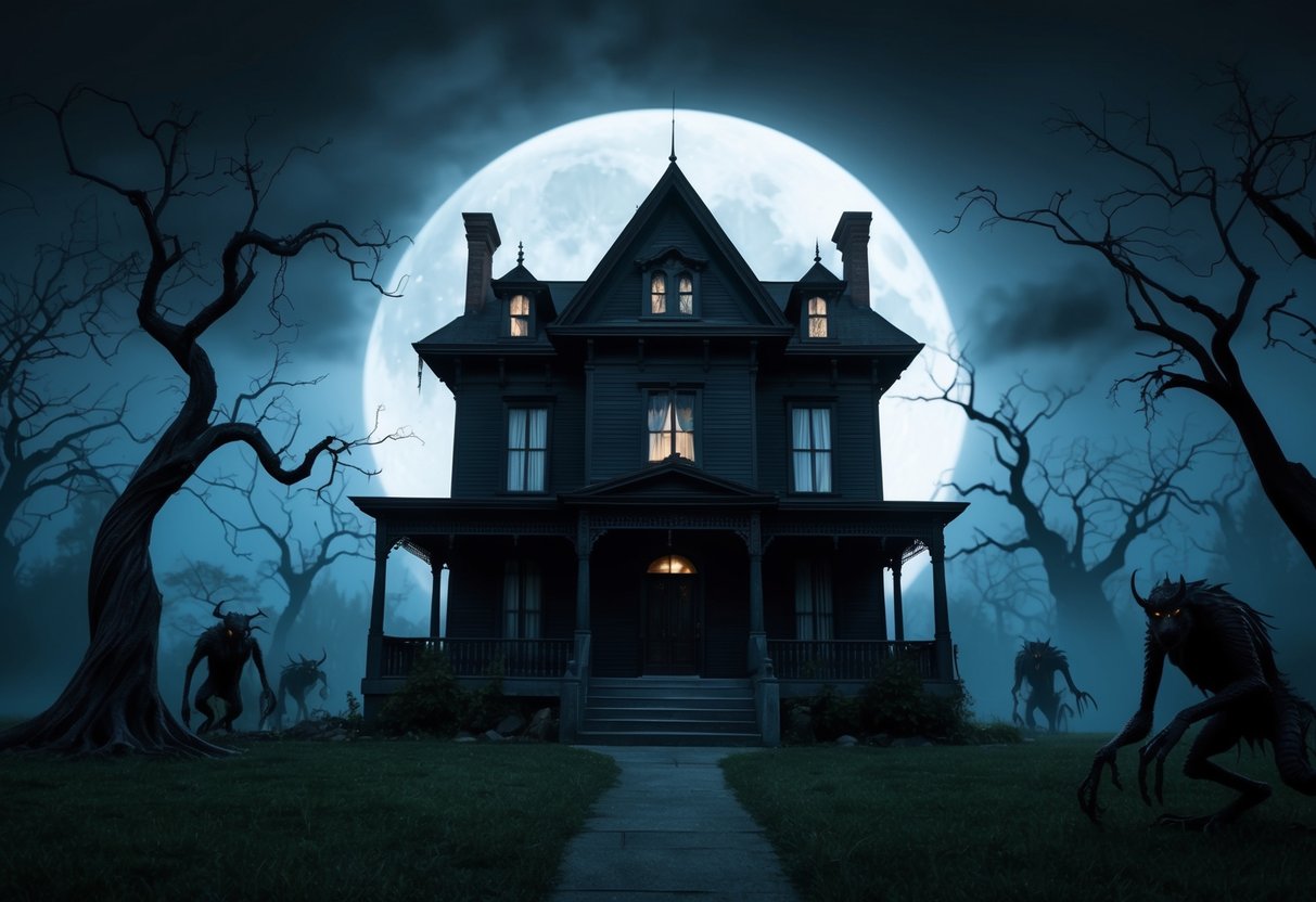 A dark, foreboding haunted house stands against a full moon, surrounded by eerie silhouettes of twisted trees and lurking creatures