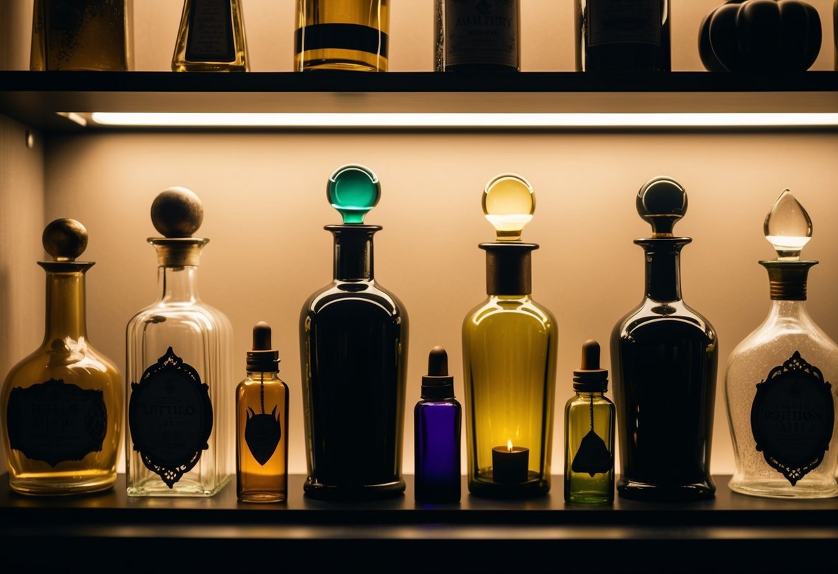 A dimly lit shelf displays an array of antique potion bottles, each unique in shape and color. The eerie glow of the bottles creates a haunting yet stylish atmosphere perfect for Halloween decor