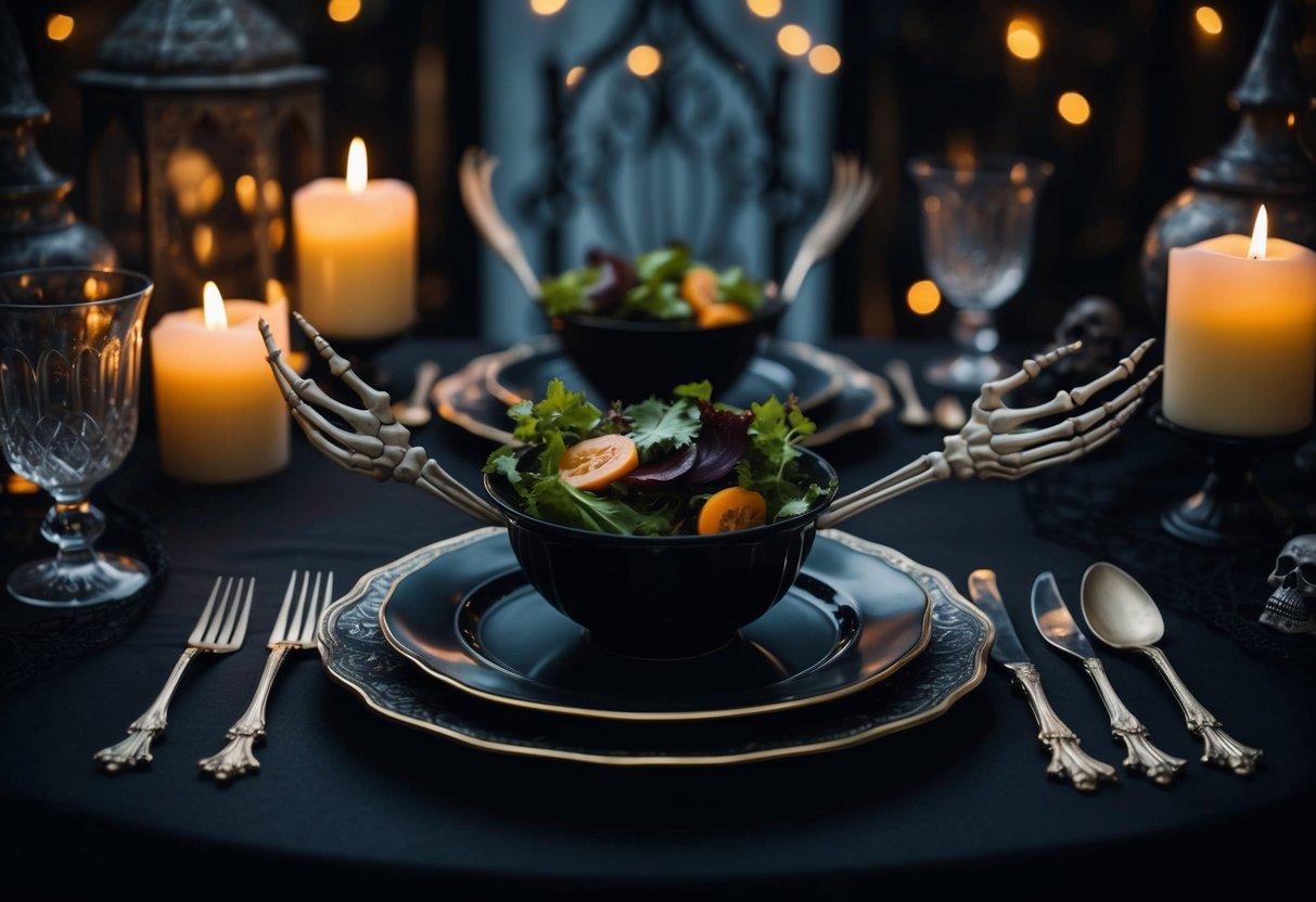 A spooky, elegant table setting with skeleton hand salad servers, surrounded by dim candlelight and eerie, gothic decor