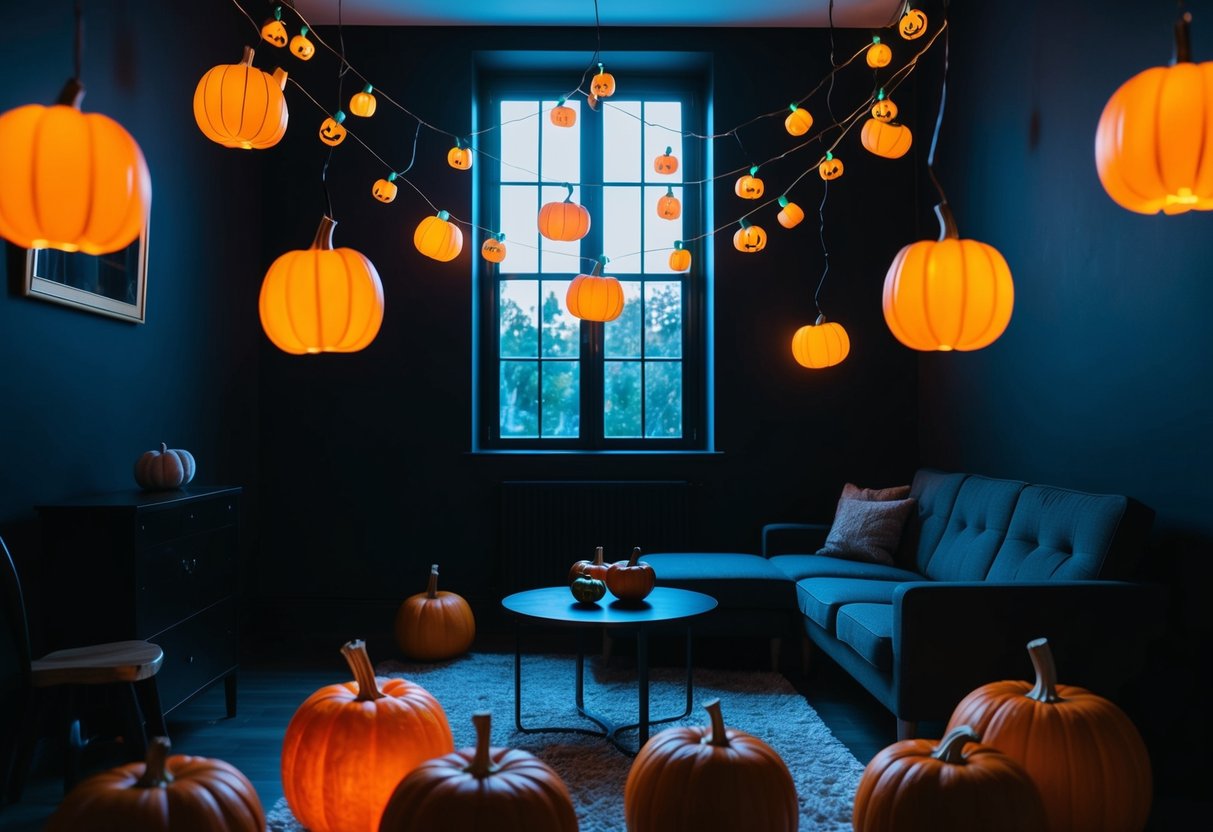 A dark room with pumpkin string lights hanging from the ceiling, casting an eerie glow on the walls and furniture