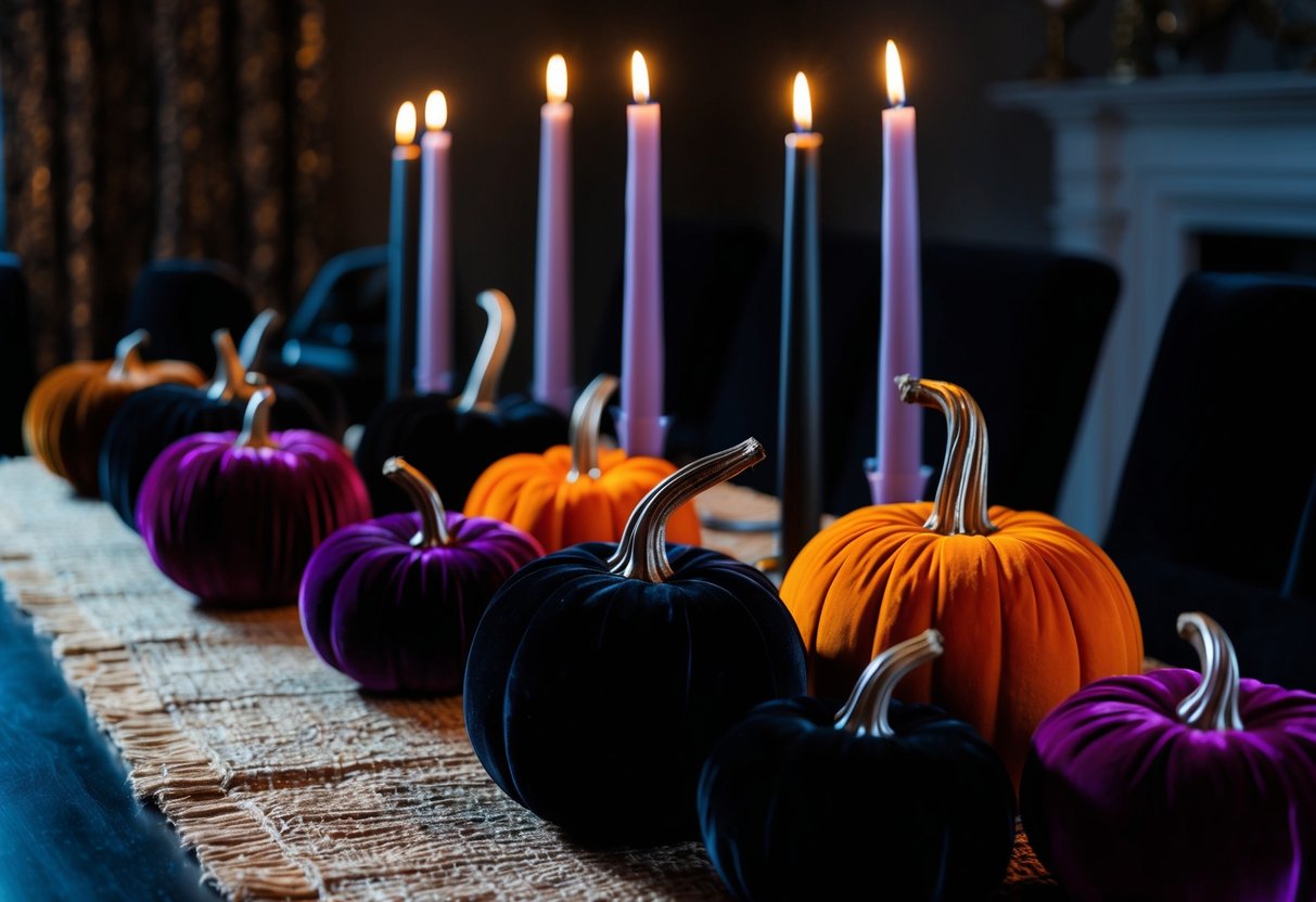 A table adorned with velvet pumpkins in various shades of black, purple, and orange. Candlelight flickers, casting eerie shadows across the room