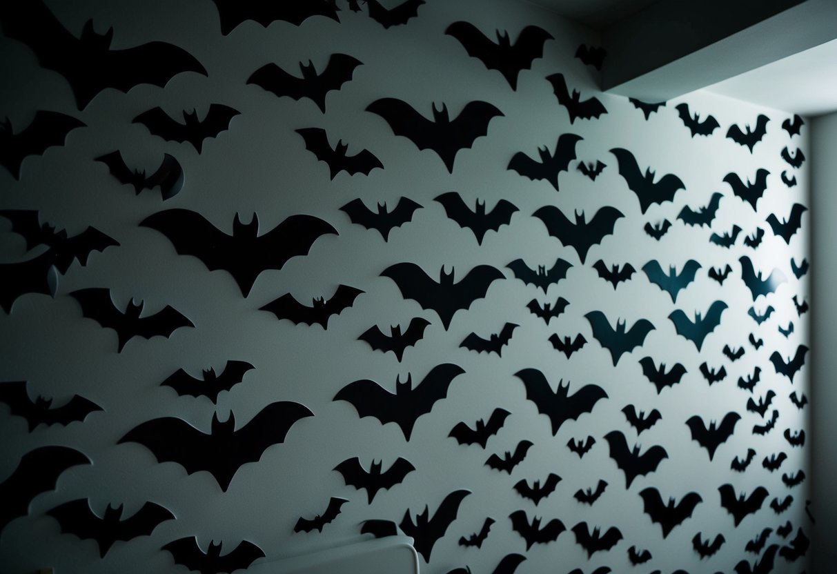 A dimly lit room with a wall covered in bat-shaped stickers. The stickers are arranged in a haunting yet stylish pattern, creating a spooky Halloween atmosphere