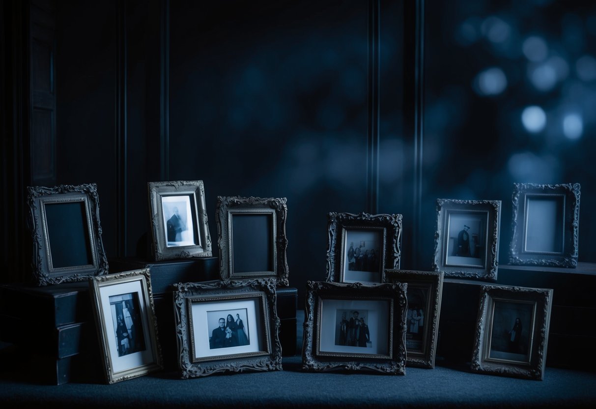 A dark, atmospheric room filled with ornate, antique photo frames. Dim lighting casts eerie shadows, creating a haunting yet stylish Halloween decor scene