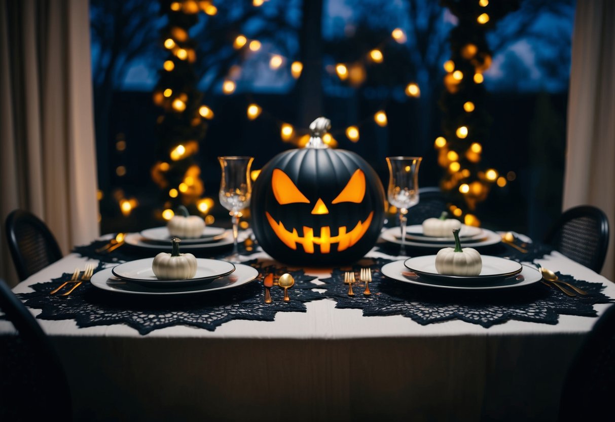 A dimly lit dining table with a black lace tablecloth, adorned with eerie yet stylish Halloween decor