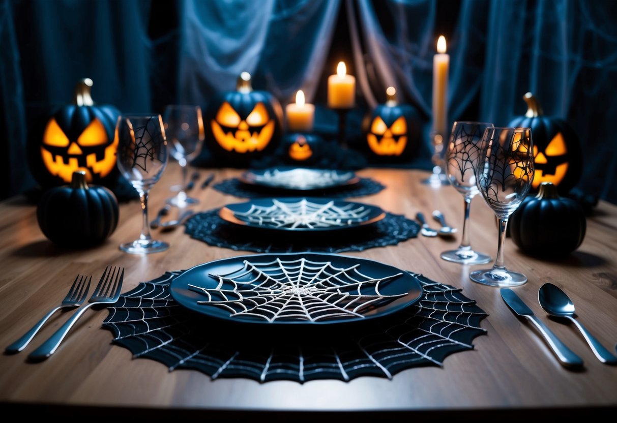 A dimly lit dining table adorned with spider web placemats, surrounded by eerie Halloween decor