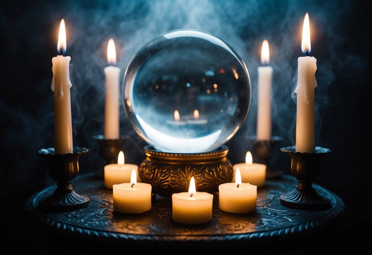 A crystal ball sits on a dark, ornate table surrounded by flickering candles. A misty, ethereal glow emanates from within, casting an eerie yet stylish ambiance