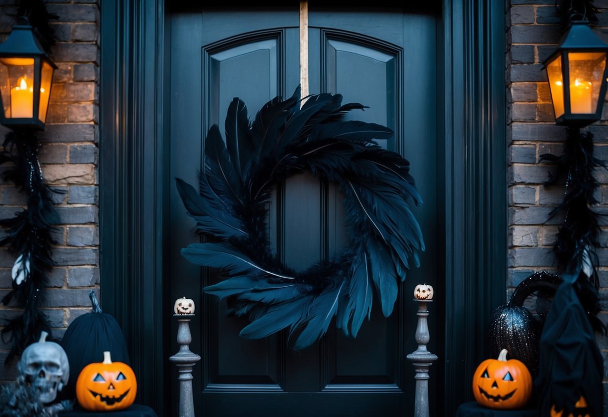 A black feather wreath hangs on a dark door, surrounded by eerie Halloween decor. Sinister yet stylish, it sets the tone for a haunting celebration