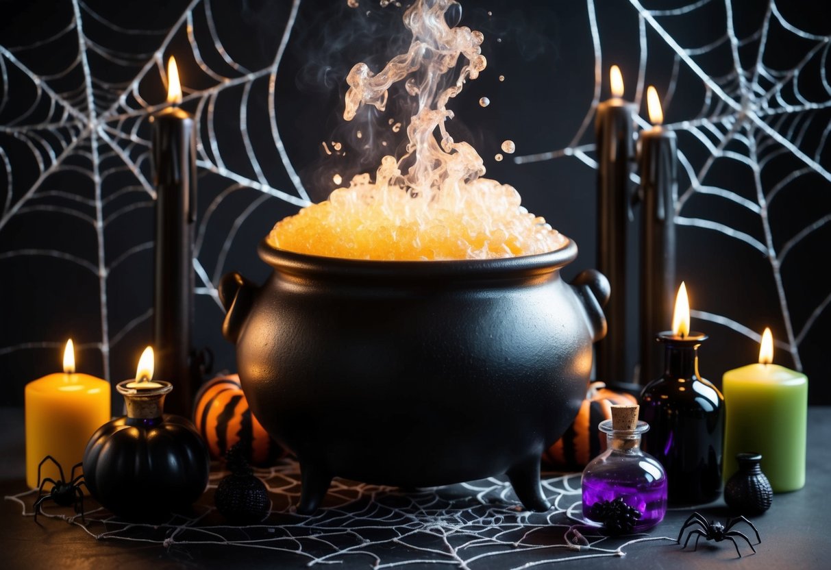 A bubbling cauldron surrounded by eerie decorations, such as black candles, spider webs, and potion bottles, creates a haunting yet stylish Halloween scene