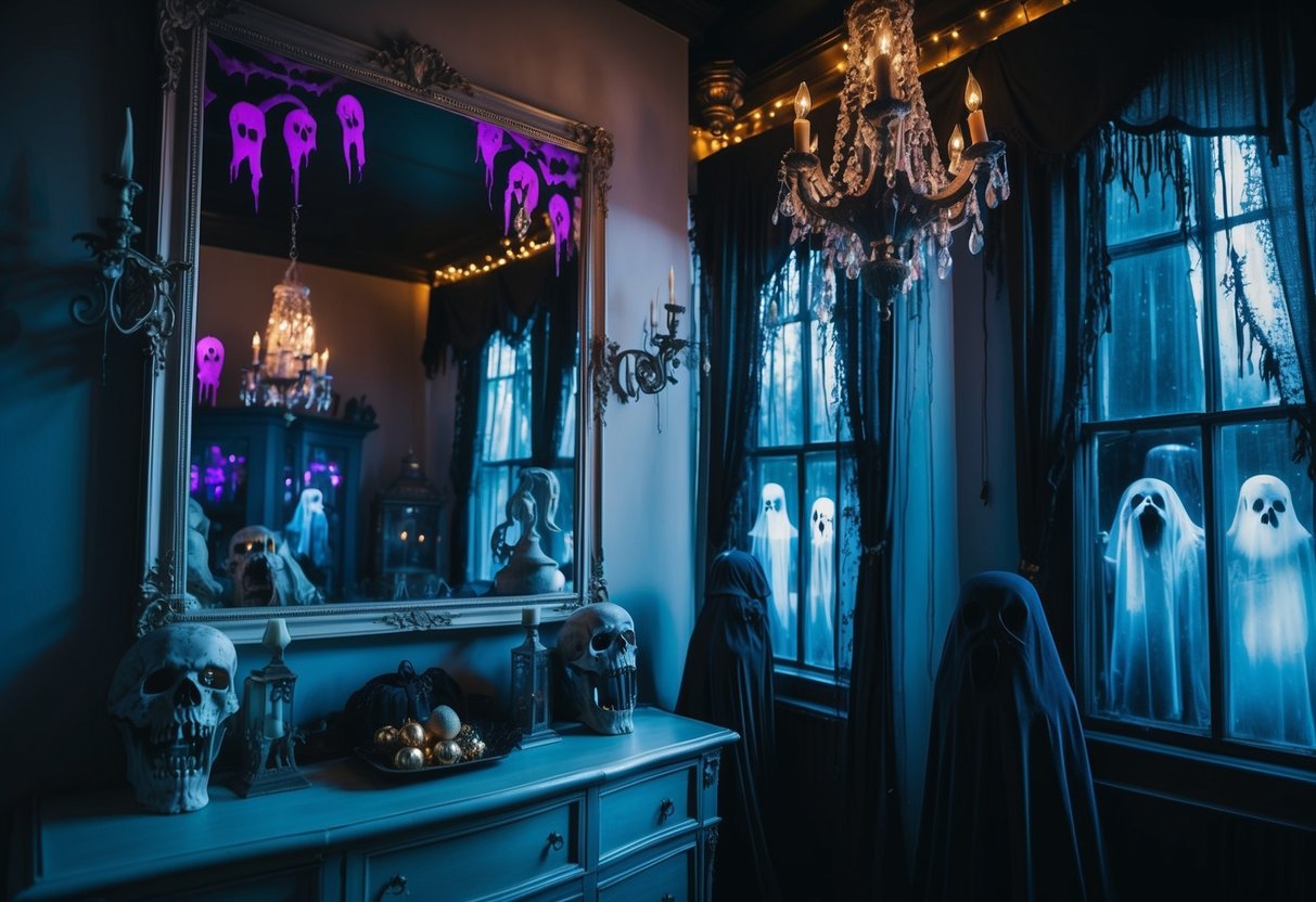 A haunted mansion with eerie mirror decals reflecting ghostly figures and creepy decor. Sinister lighting adds to the spooky atmosphere