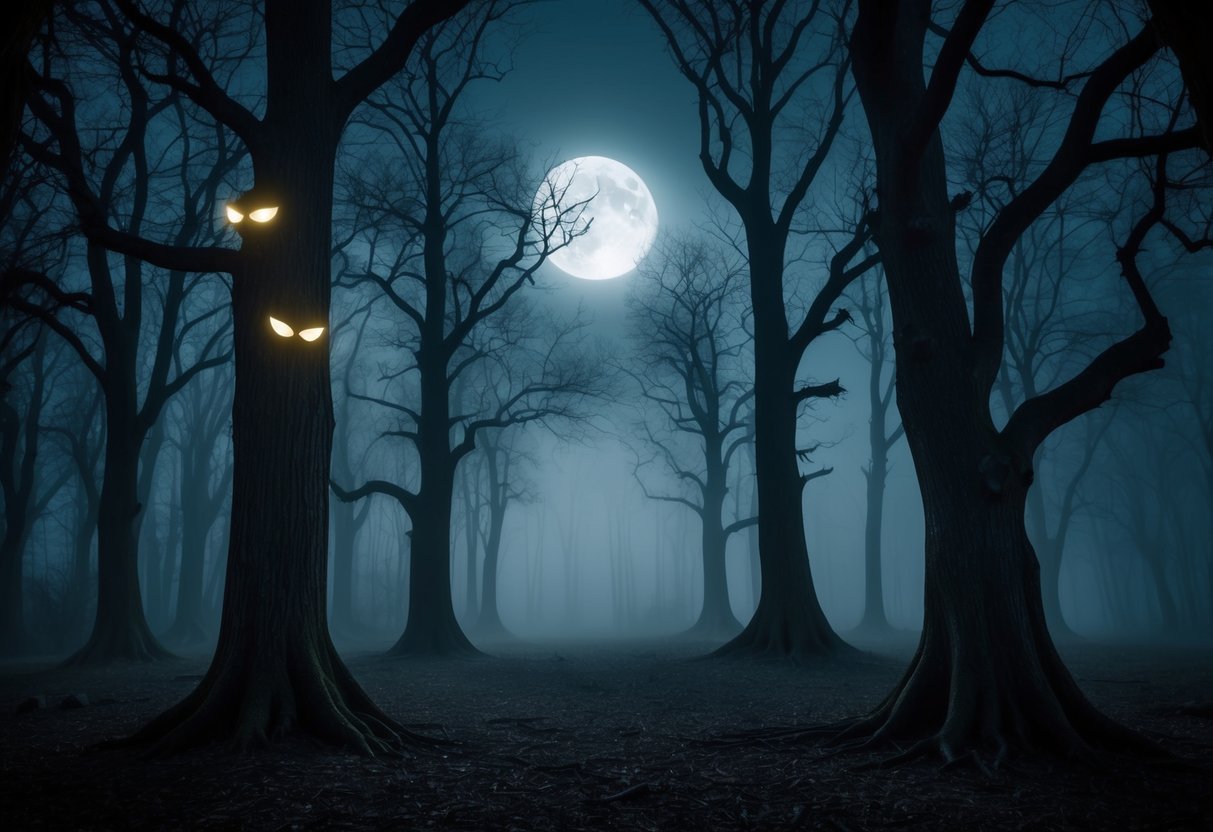 A dark, misty forest with gnarled trees and glowing eyes peering from the shadows. The moon casts an eerie light, adding to the haunting atmosphere