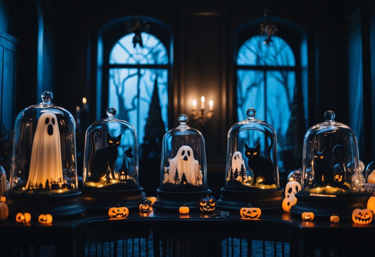 A dimly lit room filled with eerie cloche displays showcasing haunting and stylish Halloween decor. Ghostly figures, black cats, and eerie landscapes create a spine-chilling atmosphere