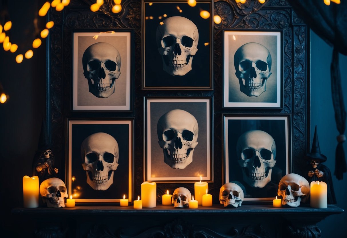 A collection of vintage skull prints arranged on a dark, ornate wall, surrounded by flickering candlelight and eerie Halloween decor