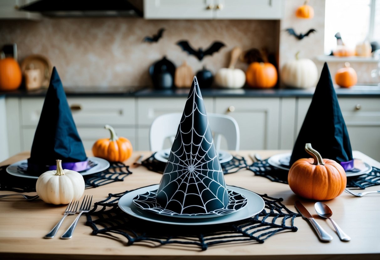 A kitchen table set with spooky spiderweb placemats, surrounded by Halloween-themed decor like pumpkins, bats, and witches' hats