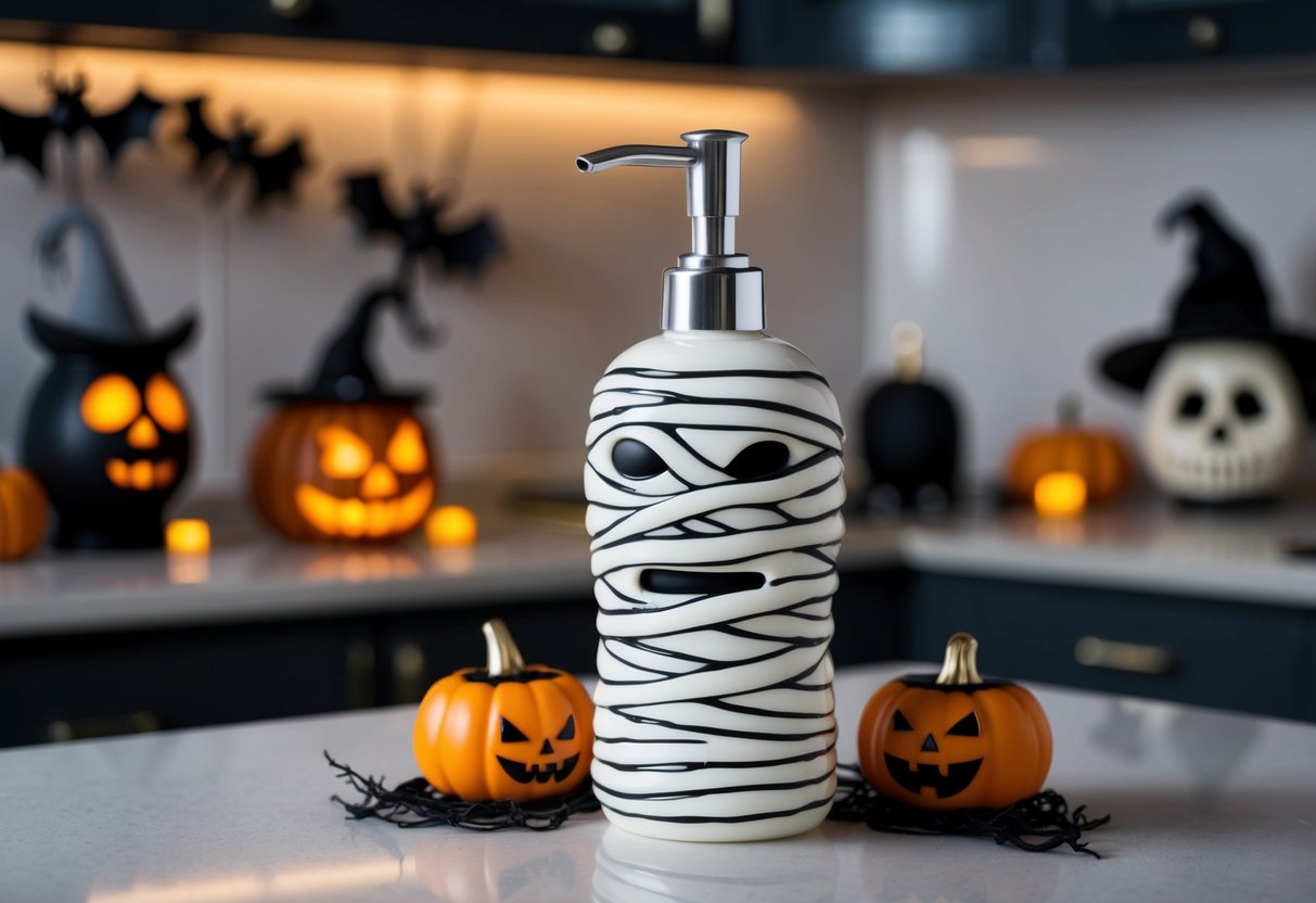 A mummy-shaped hand soap dispenser sits on a kitchen counter surrounded by spooky Halloween decorations