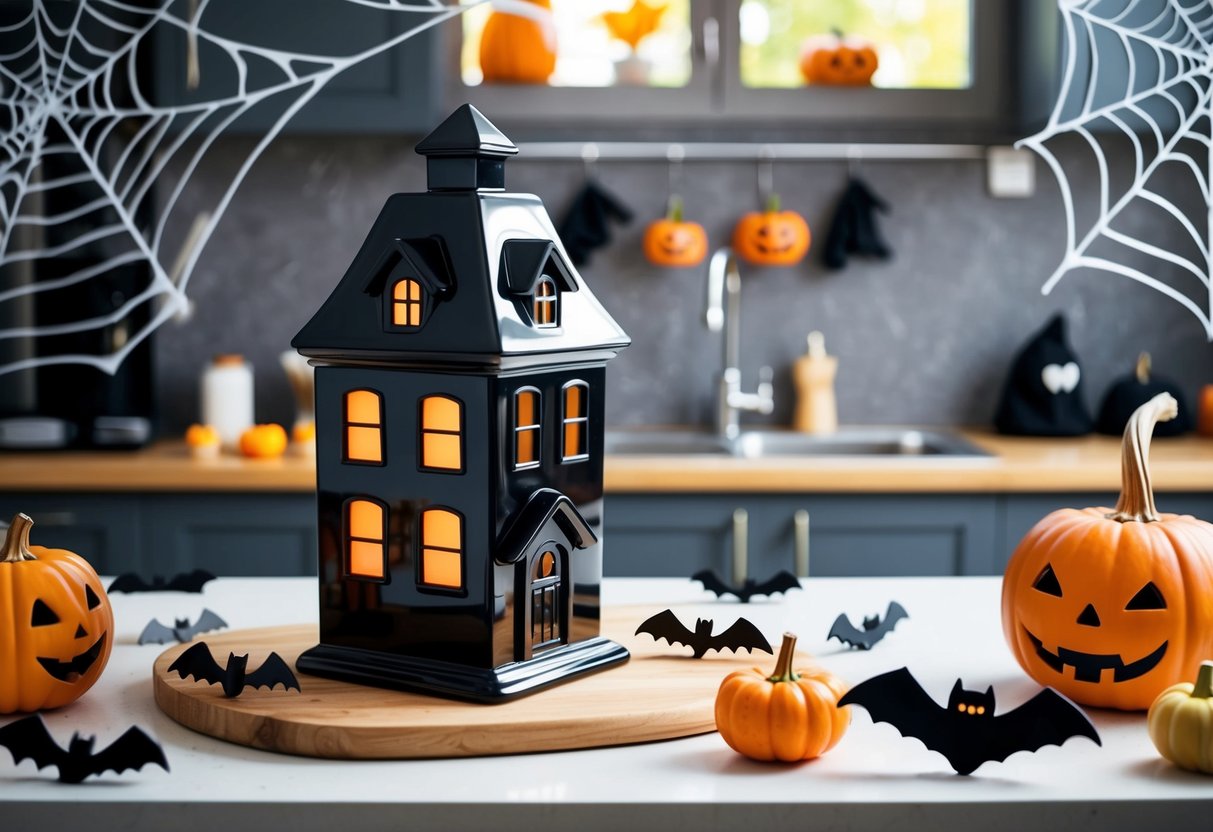 A black, haunted house-shaped cookie jar sits on a kitchen counter surrounded by spooky Halloween decorations like spider webs, bats, and pumpkins