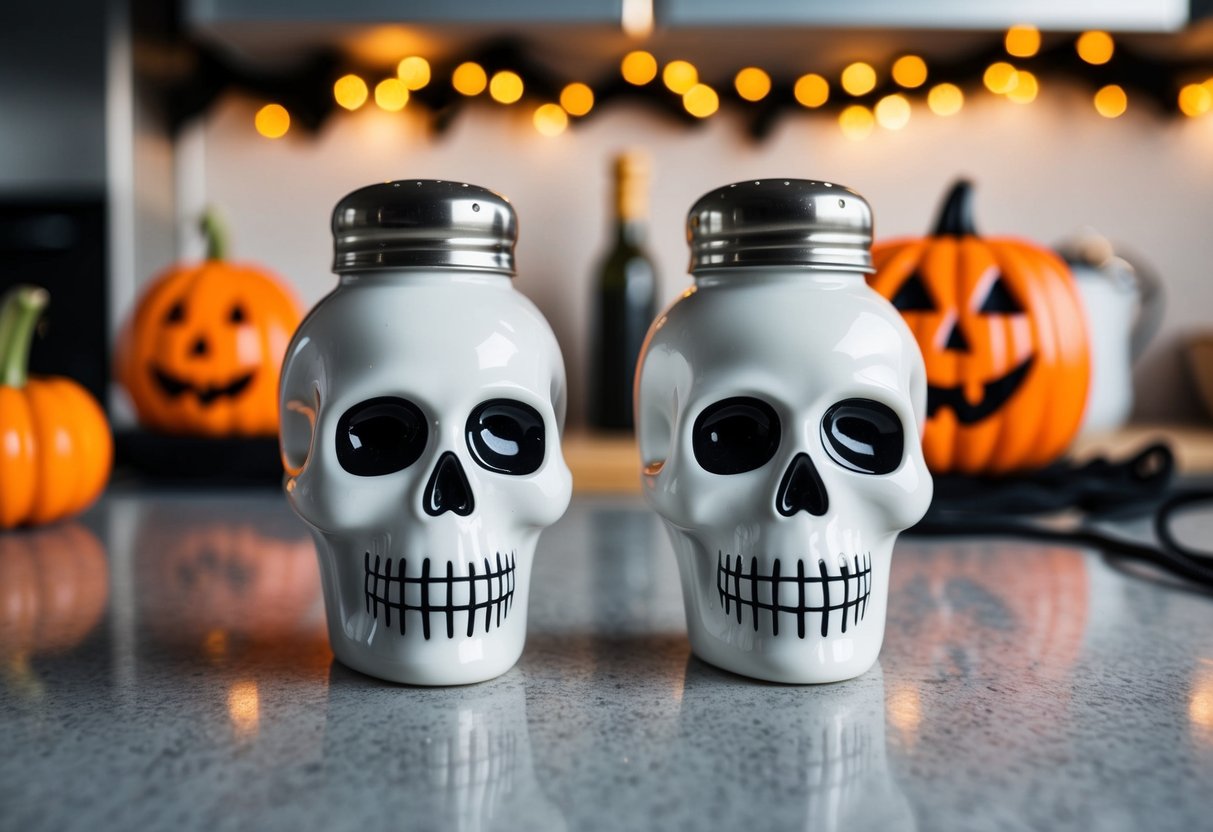 Two skull-shaped salt and pepper shakers on a kitchen counter, surrounded by Halloween-themed decorations