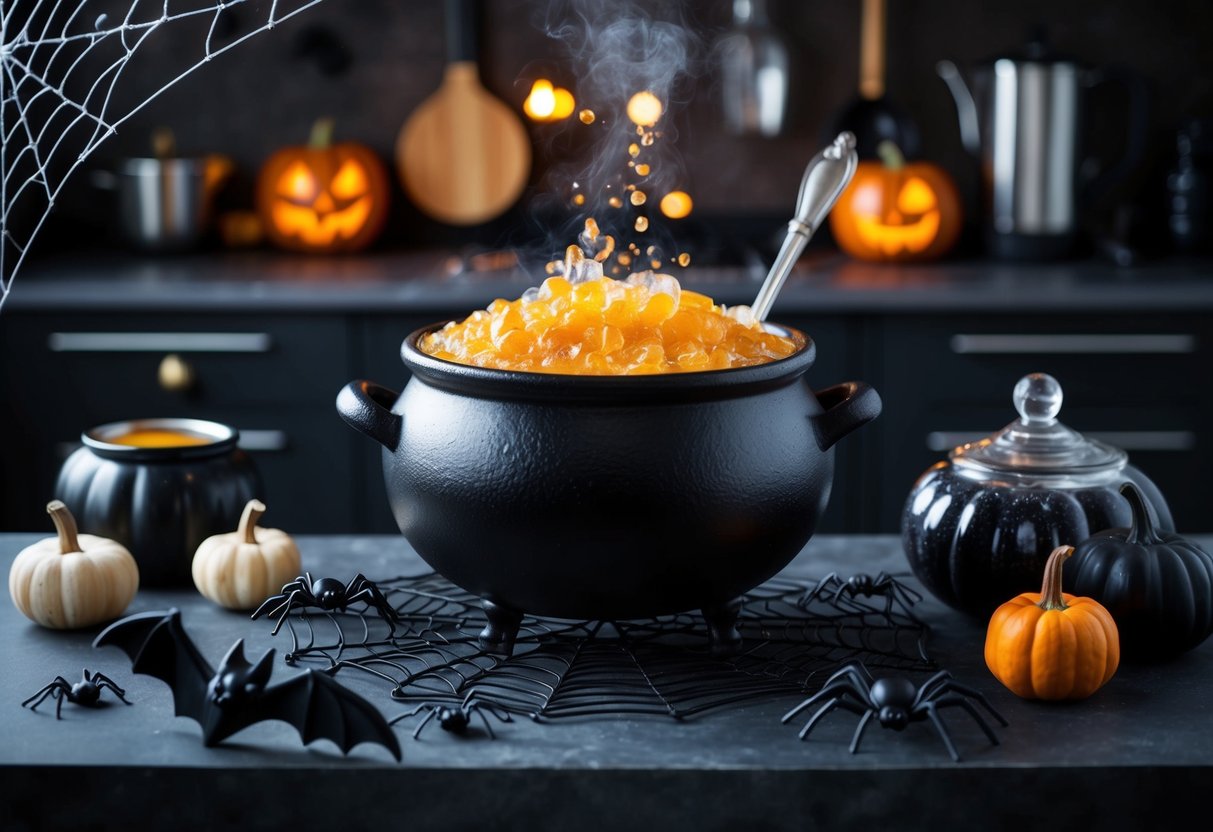 A bubbling cauldron serving bowl surrounded by eerie kitchen decor, with spooky elements like bats, spiders, and cobwebs