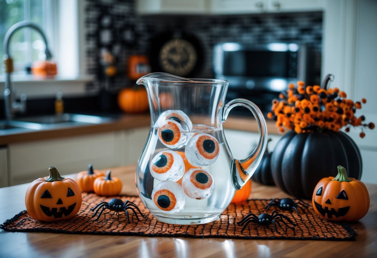 A clear glass pitcher filled with water and eerie eyeball-shaped ice cubes, surrounded by Halloween-themed kitchen decor