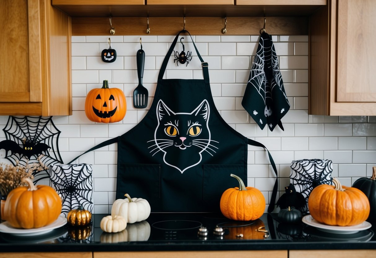 A black cat apron hanging on a kitchen hook, surrounded by Halloween-themed decor like pumpkins, spider webs, and spooky dish towels