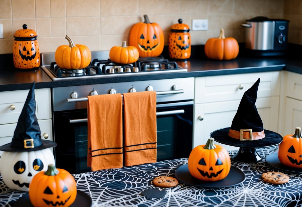 A kitchen scene with pumpkin spice dish towels hanging from oven handle, surrounded by Halloween-themed decor such as spooky cookie jars, witch hats, and spiderweb tablecloth